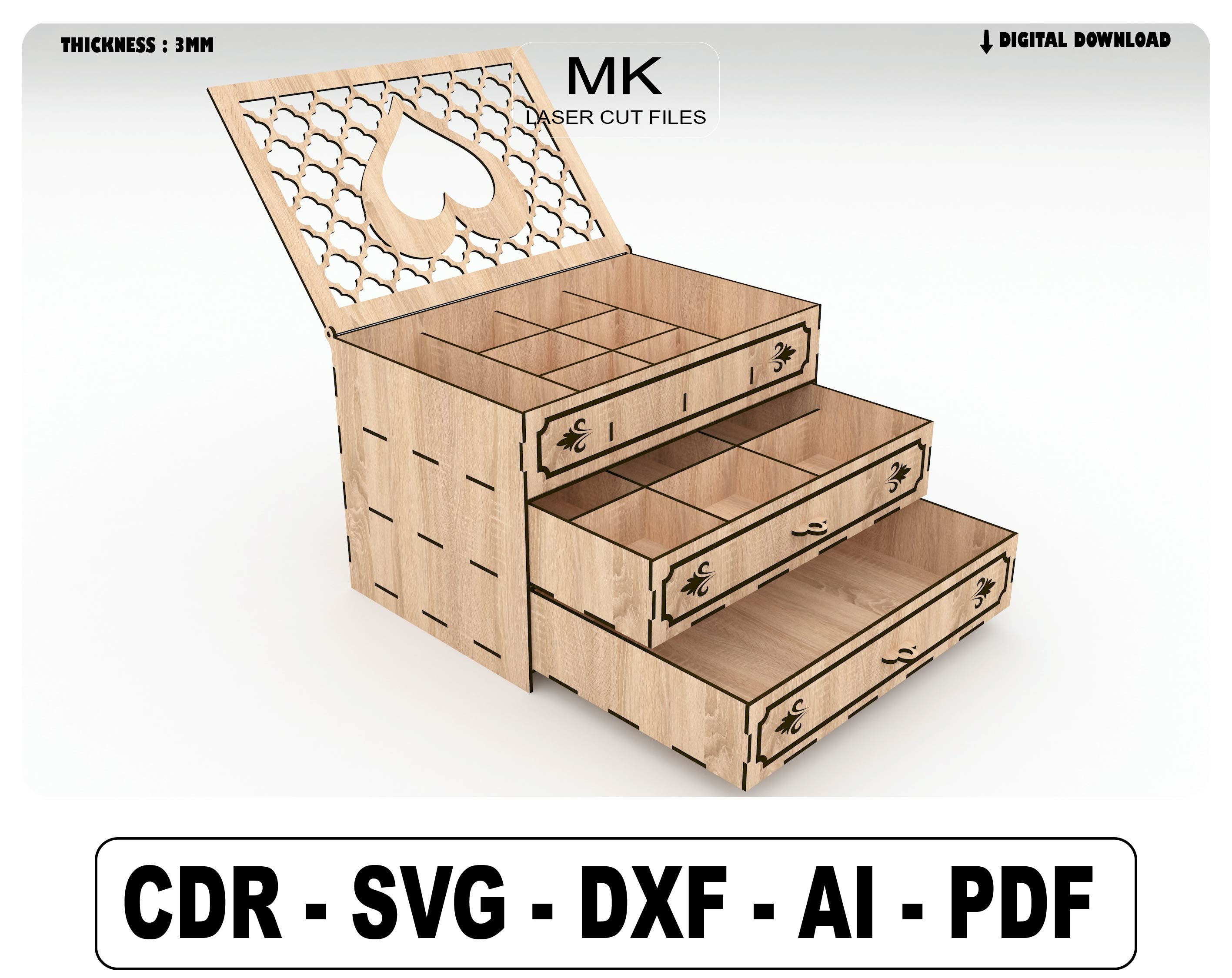 Laser Cut Jewelry Box with Drawers, Jewelry Box for Women, Wooden Gift box,Vector Files For Wood Laser Cutting file