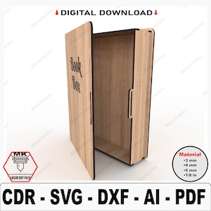 May include: A laser cut file design for a wooden book box. The box is open and the front panel is hinged. The front panel has the words "Book Box" written on it. The design is available in CDR, SVG, DXF, AI, and PDF formats. The file can be used to create a book box from wood, with a thickness of 3 mm, 4 mm, 5 mm, or 1/8 inch.