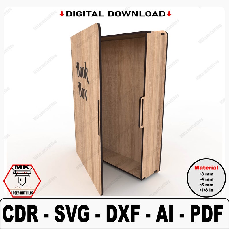 May include: A laser cut file design for a wooden book box. The box is open and the front panel is hinged. The front panel has the words "Book Box" written on it. The design is available in CDR, SVG, DXF, AI, and PDF formats. The file can be used to create a book box from wood, with a thickness of 3 mm, 4 mm, 5 mm, or 1/8 inch.