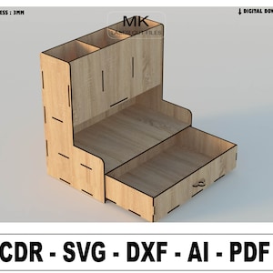 Organizador de mesa com gavetas para arquivos cortados a laser, organizador de mesa para arquivos SVG, organizador de escritório para arquivos cortados a laser, armazenamento de lápis para arquivos SVG