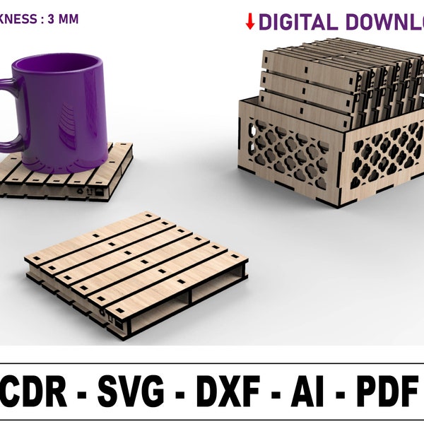 Lasergesneden Coaster-bestand, Boxed Pallet Coaster Svg-bestanden, Lasergesneden bestanden, vectorbestanden voor houtlasersnijden