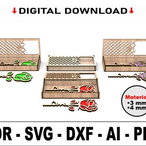 Valentinstag Blumen Laser Cut Dateien, 3 verschiedene Muster Rose, Boxed Rose Laser Cut Geschenkbox und Blumen, Vektordateien für das Laserschneiden