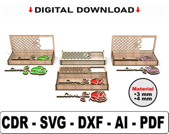 Valentines Day Flowers Laser Cut Files, 3 Different Patterns Rose, Boxed Rose Laser Cut Gift Box and Flowers, Vector Files For Laser Cutting