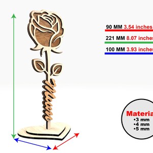 May include: Wooden rose with a heart-shaped base and the word "Mom" carved into the stem. The rose is 8.07 inches tall, 3.93 inches wide, and 3.54 inches deep. The material is available in 3 mm, 4 mm, and 5 mm thicknesses.