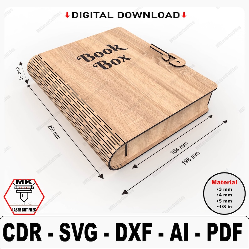 May include: A laser cut file design for a wooden book box. The box is 10 inches long, 6.5 inches wide, and 1.8 inches tall. The design includes the words "Book Box" on the front of the box.
