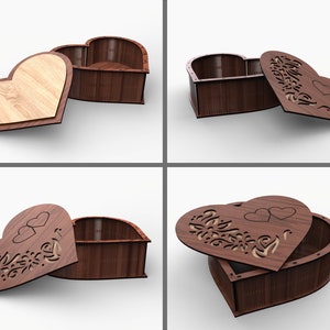May include: A wooden heart-shaped box with a lid featuring a floral design and two intertwined hearts. The box is open, revealing the interior, which is also made of wood.
