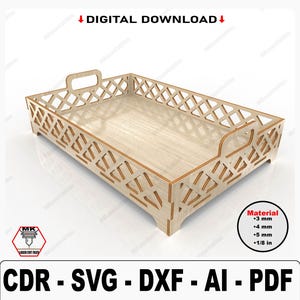 Puede incluir: Una bandeja de madera cortada con láser con un diseño geométrico y dos asas. La bandeja está hecha de madera de 3 mm, 4 mm, 5 mm o 1/8 de pulgada de grosor.  CDR - SVG - DXF - AI - PDF