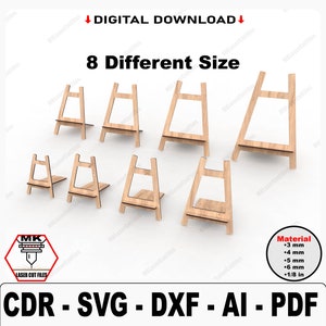 Présentoirs chevalet 8 tailles différentes, fichiers Svg découpés au laser, support pour image, photo et peinture, 5 épaisseurs différentes, fichiers Glowforge