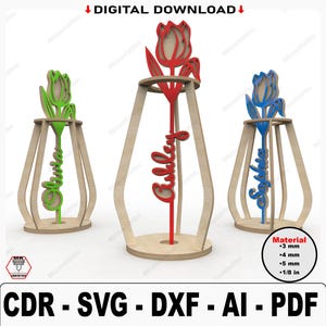 Blumenvase Laser geschnitten SVG-Dateien, personalisierte Valentinstag Geschenk mit benutzerdefinierten Namen, perfektes Geschenk für Liebhaber, Tulpenständer, digitaler Download