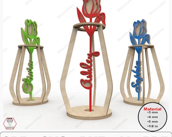 Flower Vase Laser Cut SVG Files, Personalized Valentines Day Gift with Custom Name, Perfect Gift for Lovers, Tulip Stand, Digital Download