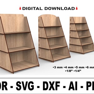 Lasergesneden displaystandaard Svg-bestanden | 3/4/5 plank displaystandaard | Retailstandaard | Aanpasbare lasergesneden winkelstandbestanden