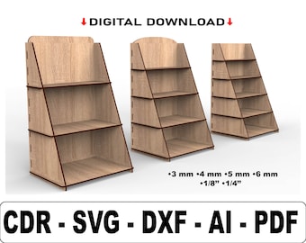 Fichiers Svg de présentoir découpés au laser | Présentoir 3/4/5 étagères | Présentoir de vente au détail | Classeurs personnalisables découpés au laser