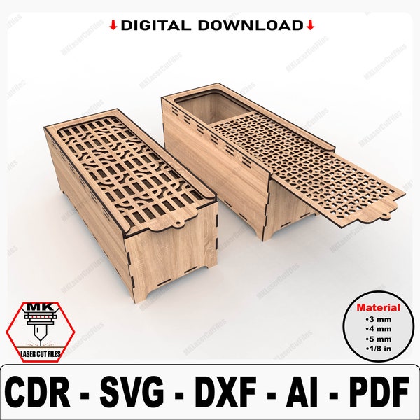 Box with slide lid laser cut file, Decorative wooden gift box, Gift box laser cut, Laser Cut Wooden Box, Vector Files For Wood Laser Cutting