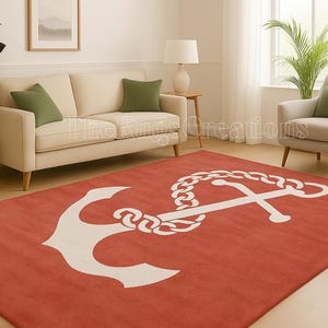 Nautical Anchor Red Modern Handmade tufted wool Area Rug 4x6, 5x8, 6x9, 8x10, 9x12 etc for living room, bedroom, office,(Quick ship)