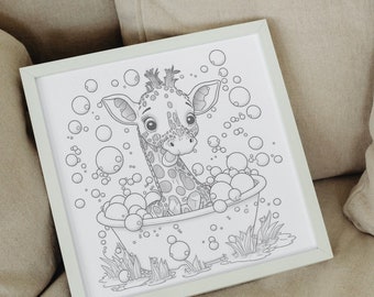 Giraffe Taking a Bath Coloring Page for kids  - Digital Download