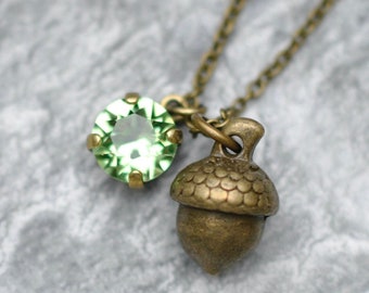 Acorn Necklace, Birthstone Necklace, Swarovski necklace, Swarovski Birthstone, Peridot, Choose your Birthstone, Antique Bronze,Antique Brass