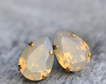 Beige Studs, Opal Large Teardrop Studs, Sand Opal, Made with Swarovski, Teardrop Earrings, Stud Post or Clip on, Super Sparklers, Mashugana