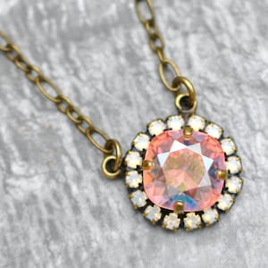 Pink Aurora Borealis Pendant, White Opal, Crystal Halo necklace, Vintage Pendant, Swarovski pendant, Crystal Aurora Borealis, Rose Pink