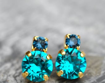 Teal, Teal Studs, Swarovski Studs, Blue Zircon, Crystal Earrings, Navy, Navy Studs, Navy and Teal, Made with Swarovski, Doublet, Gift