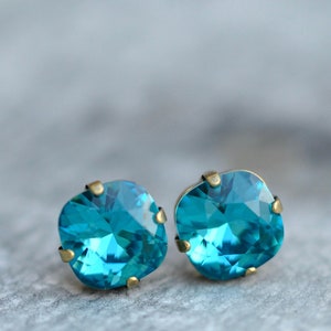 Dark Teal, Teal Earrings, Dark Teal Crystal Earrings, made with Swarovski, Indicolite Earrings, Teal Studs, Cushion Cut, 10mm, Teal Wedding