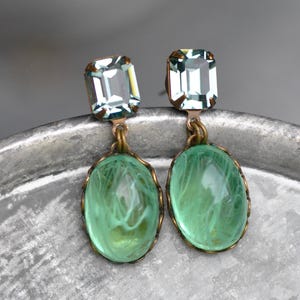 Green, Denim Blue Mint Green Earrings, Swarovski Earrings, Vintage Chandelier Studs, Green Glass Dangle Earrings, Mashugana, Gift For Her