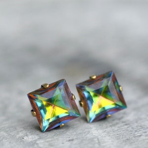 Rainbow Studs, Rainbow earrings, Vintage Glass Studs, Vitrail Earrings, Square studs, 10mm earrings, Jewel tone Studs, Gift for Women