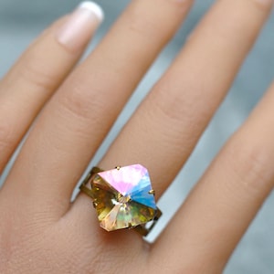 Champagne Rainbow Ring, Vintage Ring, Swarovski Crystal, Monet&#39;s Water Lily Pond, Adjustable Ring, Pastel Rainbow, Vintage Rhinestone