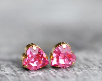 Swarovski Crystal Heart Stud Earrings, Rose Pink, Sterling Silver