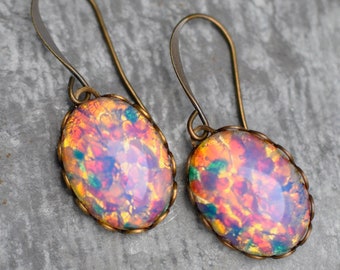 Pendientes de ópalo rosa, pendientes de cristal vintage, pendientes colgantes de ópalo, piedra de nacimiento de octubre, pendientes de ópalo con piedra de nacimiento, Mashugana, regalo para ella
