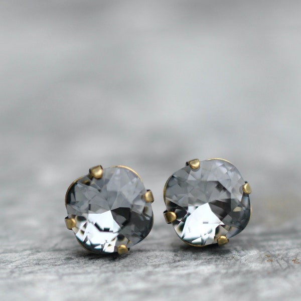 Grey, Black Diamond Earrings, Grey Crystal Earrings, made with Swarovski, Grey Studs, Cushion Cut, 10mm, Gray Studs, Black Diamond Studs