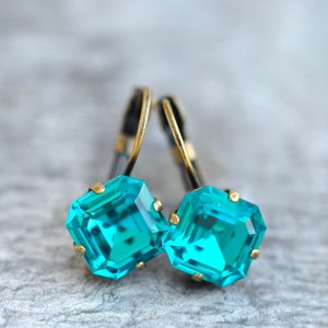 Teal Dangle Earrings, Made with Vintage Swarovski crystal, Vintage Teal Earrings, Blue Zircon Earrings, Teal Crystal Dangles, Teal bridal image 1