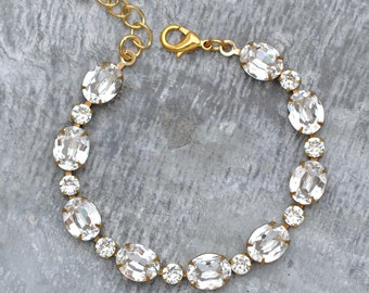 Vintage Crystal Bracelet, White Diamond Bracelet, Diamond Oval Bracelet, Swarovski Bracelet, Diamond Tennis Bracelet, Vintage Rhinestone