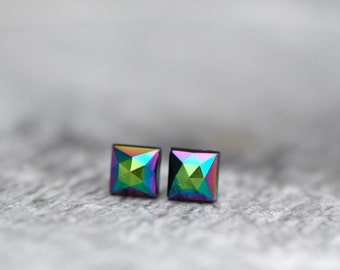 Geometric Studs, Jewel Tone Rainbow, Metallic Studs, Small Square Studs, Man Studs, Mens Earrings, Floating Setting,Hypoallergenic Earrings