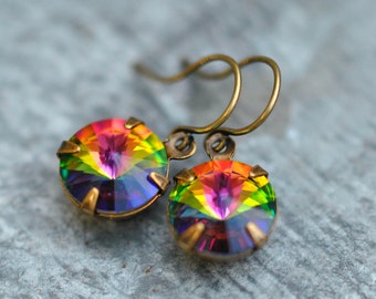 Rainbow Earrings, Vintage Earrings, Crystal Earrings, Made with Swarovski Crystal, Dark Rainbow, Vintage Crystal Earrings, Crystal Rainbow
