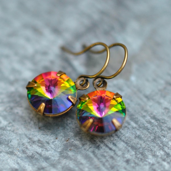 Rainbow Earrings, Vintage Earrings, Crystal Earrings, Made with Swarovski Crystal, Dark Rainbow, Vintage Crystal Earrings, Crystal Rainbow