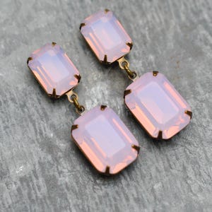 Pink Opal Large Rhinestone Dangle Earrings, Pink Crystal Earrings, Rose Water, Pastel Pink, Stud or Clip on, Wedding Shower Gift,Emerald cut