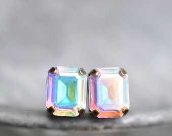 Aurora borealis, Pastel Rainbow studs, Swarovski studs, Rainbow studs, Super Sparklers, Rectangle Studs, Mashugana, Gift for her, Pastel