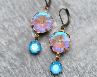 Rainbow Earrings, Cappuccino Delite, Azure Blue, Swarovski Earrings, Savannah Sparklers, Crystal Earrings, Art Deco, Mashugana, Gift For Her