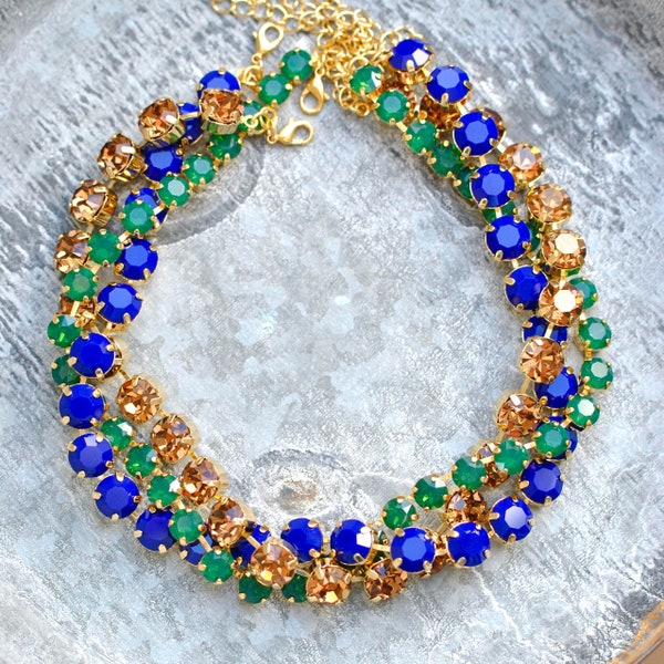 Navy Champagne Forest Green Opal , Champagne Necklace, Anna Wintour Necklace,Crystal Riviere, Georgian Paste Choker, Vintage Givre Necklace