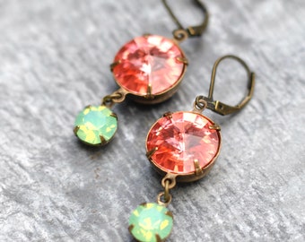 Peachy Pink Mint Dangle Earrings, Swarovski Earrings, Savannah Sparkers, Opal Crystal Earrings, Art Deco, Mashugana, Gift For Her, February