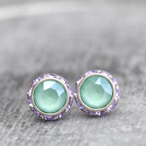 Mint green Bridemaid Gift, Pastel crystal stud earrings, green purple Swarovski studs, Lavender rhinestone, Wedding earrings,mint green gift
