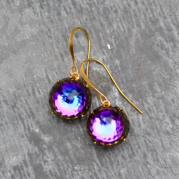 Colourful Purple Rainbow Globe Earrings, Rare Swarovski Crystal