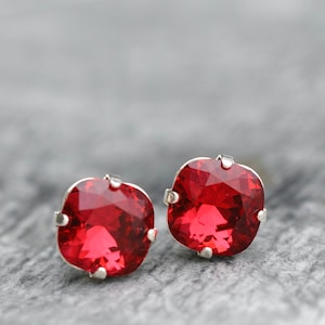 Red, Ruby Red Earrings, Red Crystal Earrings, made with Swarovski, Siam, Ruby Earrings, Ruby Studs, Cushion Cut, 10mm, July Birthstone