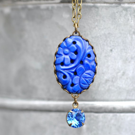 Floral Pendant, Sapphire Necklace, Cobalt, Sapphire, Lapis, Vintage Pendant necklace, Made with Swarovski, Crystal pendant, Gift for women