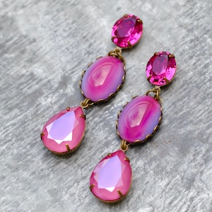 Hot Pink, Fuchsia Earrings, Swarovski Crystal Earrings, Fiesta Dangles, Large Rhinestone Earrings, Vintage Cab, Stud Post or Clip ons, Gift