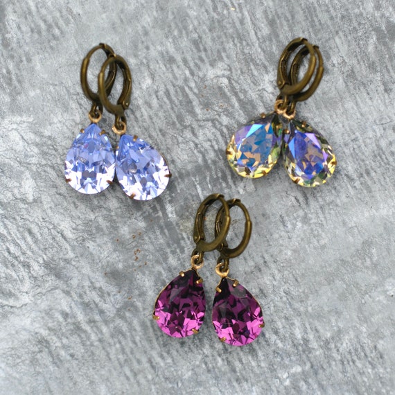 Amethyst Lavender Grey Purple Rainbow Drop Earrings Huggie Hoops made with Swarovski Crystal Purple Earrings Crystal Dangles Pear Earrings