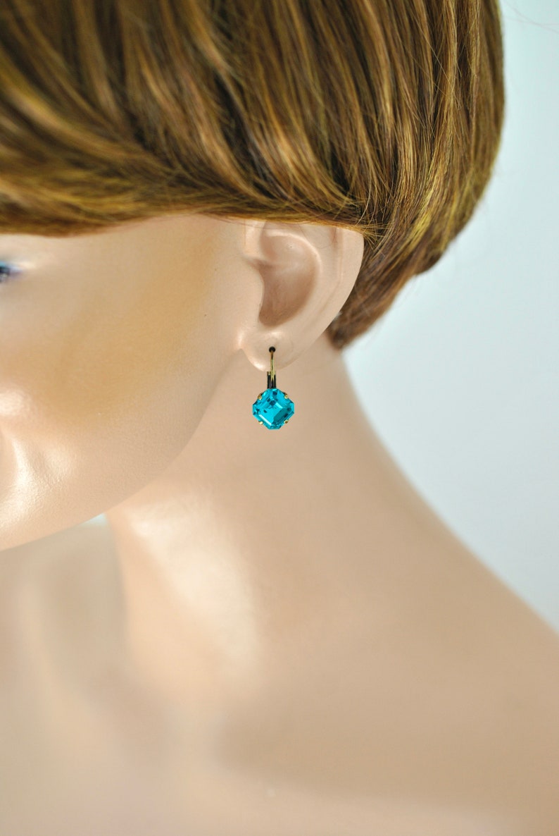 Teal Dangle Earrings, Made with Vintage Swarovski crystal, Vintage Teal Earrings, Blue Zircon Earrings, Teal Crystal Dangles, Teal bridal image 9