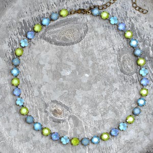Blue Green Rainbow Crystal Necklace, Swarovski Rhinestone Choker, Crystal Rhinestone Tennis Necklace, Anna Wintour Necklace, Lime Green
