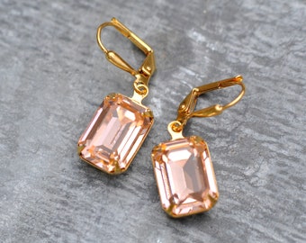 Peach Earrings, Swarovski Crystal Earrings,  Light Peach Rectangle Drop Earrings, Peach Crystal Earrings, Peach Bridesmaids, Gift For Her