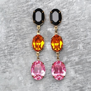 Orange Rosa, Schwarz Topas Rose Pink, Swarovski Ohrringe, Fiesta baumelt, große Strass Ohrringe, Ohrstecker oder Clip-ons, Geschenk für sie, Topas